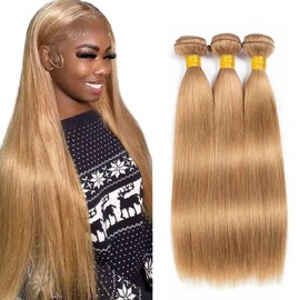 Color #27 Bundle Honey Blonde Straight Human Hair Bundles Color #27 Straight Bundles Honey Blonde Bundle Human Hair Weave 14 14 14 Inch Double Weft
