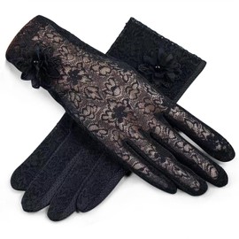 Libetter Women's Lace Gloves, Smartphone Compatible, UV Protection, Anti-slip, Driving, Ceremonial Occasions, Breathable, Elegant, Formal Gloves, Black