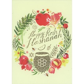 Sellers Publishing RSVP Wreath of Green Vines, Apples and Gold Honey Pot Rosh Hashanah : Jewish New Year Card