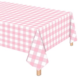 Xinfin Pink White Checkered Table Cloth, Pastel Gingham Party Table Cover Disposable Waterproof Tablecloth Decorations for Picnic Banquet Birthday Party Decorations