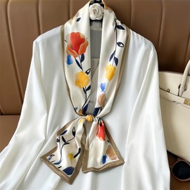 MEDUOLA Women's Scarf 145 cm x 15 cm Long Silk Scarf Printed with Flowers and Various Patterns Elegant Accessories, Tulips