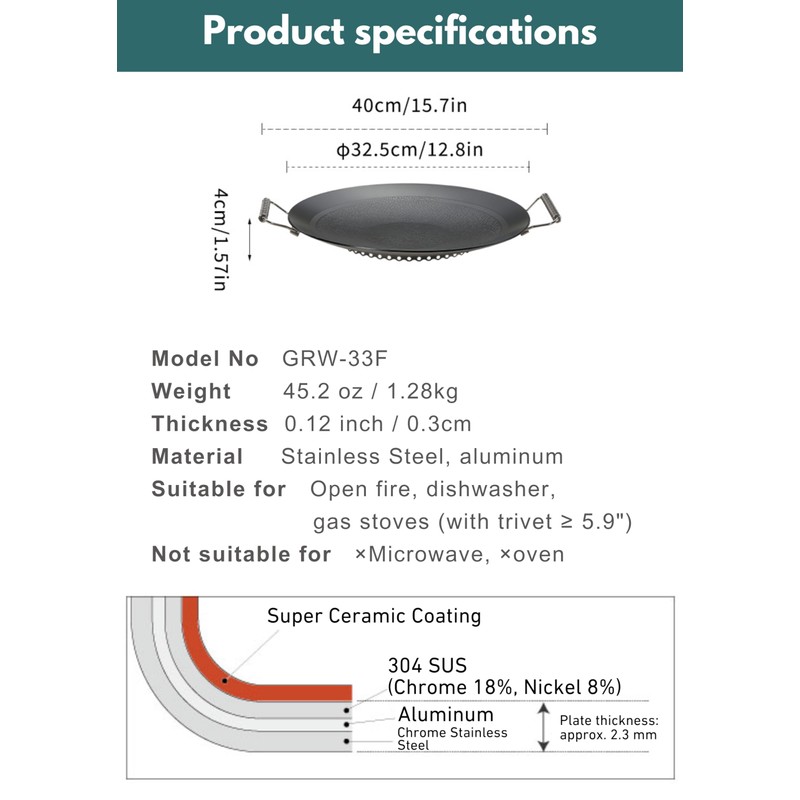 camping moon BBQ Grill Pan Dia 12.8-inch Round Griddle 3-Ply