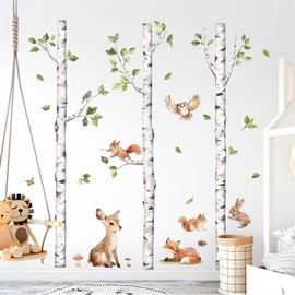 Tanlaby Large Birch Tree Forest Animals Wall Stickers Woodland White Trees Wall Decals Deer Fox Sticker Art Decor for Baby Nursery Boys Kids Toddler Bedroom Playroom Classroom