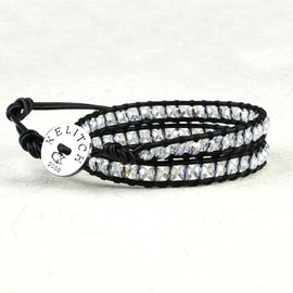 KELITCH 2 Wrap Crystal Beaded Leather Bracelet Handmade Adjustable Cuff Charm Bangle For Women (#013)
