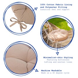 Harbour Housewares 1x Natural 40cm x 40cm Round Seat Pad With Ties - Cotton Lined Outdoor Indoor Padded Chair Garden Dining Set