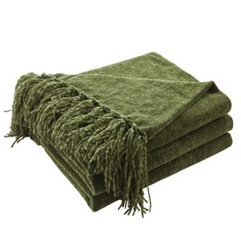 CozeCube Chenille Throw Blanket for Couch, Cozy Plush Fuzzy Decorative Olive Green Blanket with Fringe Tassels, Lightweight Throws for Bed Sofa Gift Home Decor, 50"X60"