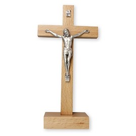 22cm Free Standing Pear Wood Crucifix Cross Silver Metal Corpus 11576