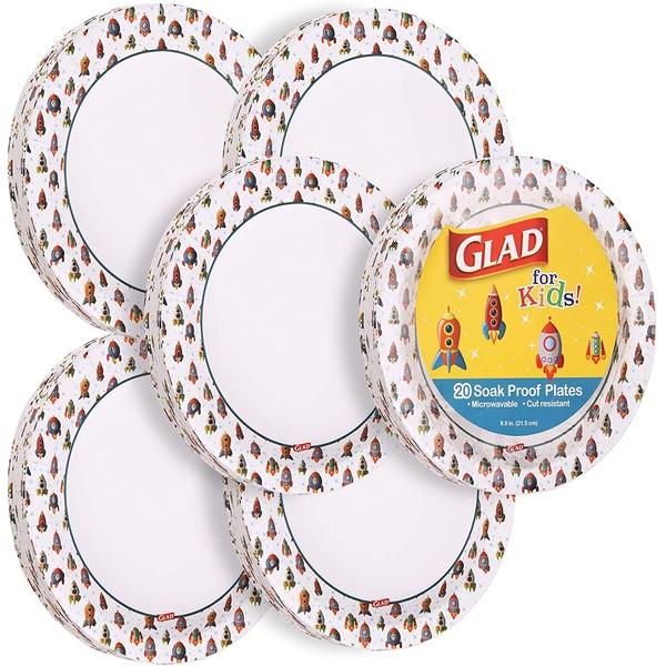 Glad for Kids Rocket Paper Plates, 20 Count - 6 Pack | Small Round Paper Plates With Cute Rocket Design for Kids | Heavy Duty Disposable Soak Proof Microwavable Paper Plates for All Occasions, 8.5 Inc