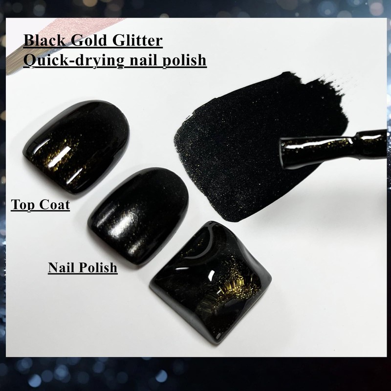 Black Gold Glitter Nail Polish, Quick Dry Shimmer Nail Lacquer
