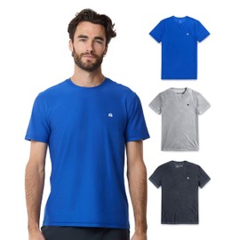 INTO THE AM 3 Pack Athletic Workout Shirts for Men Fitted Gym Sports Running Fitness Dry Fit Logo Tees Multipack (Blue/Grey/Navy, X-Large)