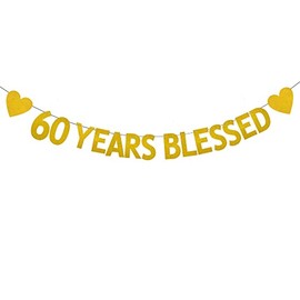 XIAOLUOLY Gold 60 YEARS BLESSED Glitter Banner,Pre-Strung,60th Birthday/Wedding Anniversary Party Decorations Bunting Sign Backdrops,60 YEARS BLESSED