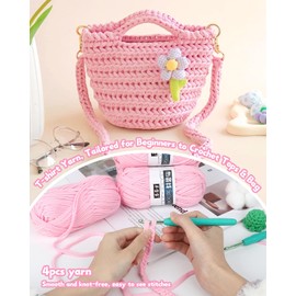 Reessy 4 ×100g T Shirt Yarn for Crocheting, 130 Yards T Shirt Yarn Set with 2 Crochet Hooks, Elastic Fabric Cloth for Crochet Bag, Basket, Cushion-Super Easy for Beginners to Learn Crochet(Pink)