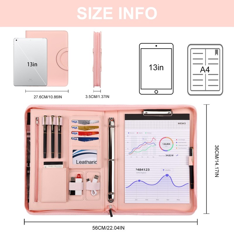 Leathario 3-Ring Portfolio Binder, Includes 5 Folder Index Dividers, 13