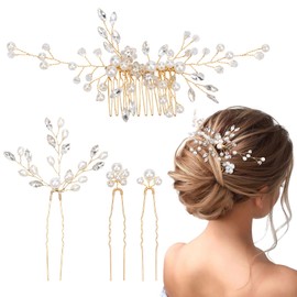 MELLIEX 4 Pieces Hair Accessories Wedding Crystal Beads Bridal Hair Comb U Shaped Bridal Hair Pins for Women Girls Gold