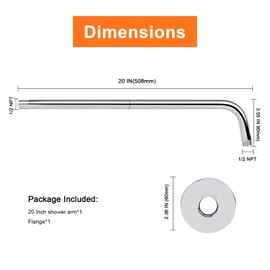 HarJue Shower Arm with Flange and Teflon Tape, Wall Mounted Shower Pipe Arm 304 Stainless Steel Extension Arm for Fixed Shower Head & Handheld Showerhead (20 Inch, Chrome)