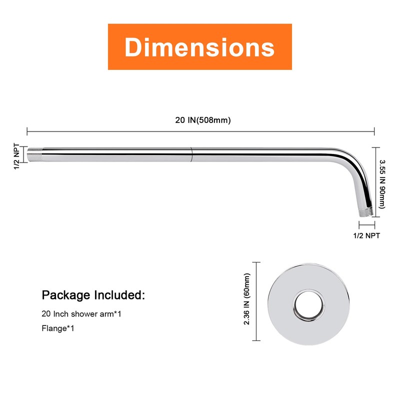 HarJue Shower Arm with Flange and Teflon Tape, Wall Mounted