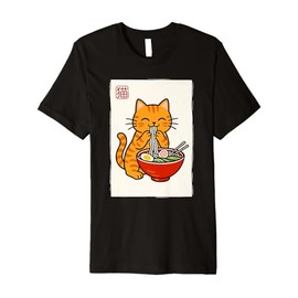 Funny Japanese Kawaii Anime Men Kids Women Cat Eats Ramen Premium T-Shirt
