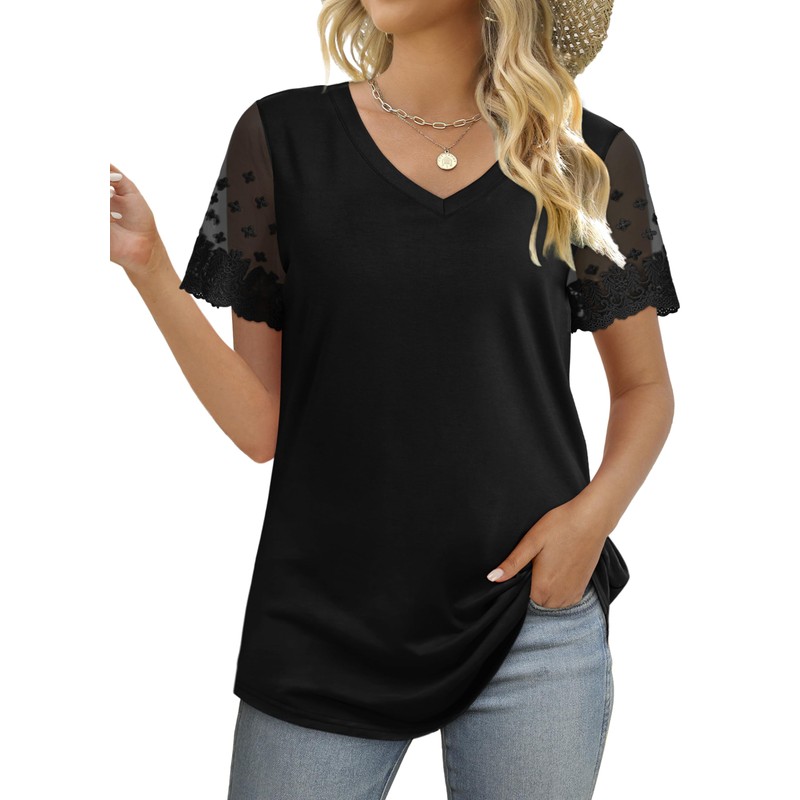 OFEEFAN Lace Tops for Women Trendy 2024 Spring Short Sleeve