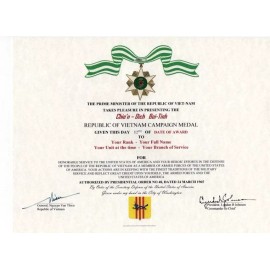 Republic of Viet Nam (Vietnam) Campaign Medal Certificate