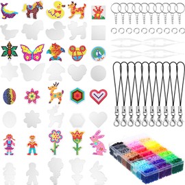 Fuse Beads Craft Kit, 20 Patterns Pegboards 24 Colored Beads Arts, 10 Pieces Lobster Claw Clasp, 10 Pieces Keychain, 5 Sheets Ironing Paper for Boys Girls DIY Classroom Activity (Cute Style)