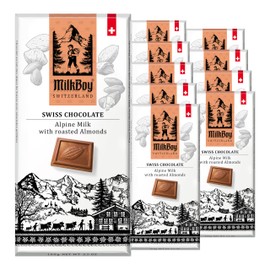 Milkboy Swiss Almond Chocolate Bars - Premium Swiss Alpine Milk Chocolate with Almonds - All Natural, Gluten-Free, Non-GMO - Made in Switzerland, Kosher - 3.5 oz, Pack of 10