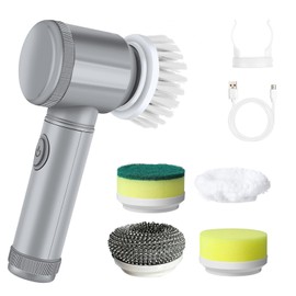 JOMOMAX Cepillo Electrico para BañO Limpieza, Cepillo Limpiador, Depuradora de Piso para Limpieza con 5 Cabezales Reemplazables, para BañO, Inodoro, Cocina, Fregaderos, Auto (Gris)
