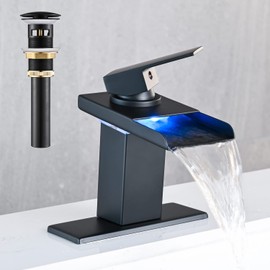 AVSIILE LED Bathroom Sink Faucet, Matte Black Waterfall Single Hole Handle RV Bath Vanity Faucets for Sinks 1 Hole with Metal Pop Up Drain and 2 Water Supply Lines, Stainless Steel Spout