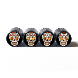 AutoValveCaps Sugar Skull (Style 1) Tire Valve Stem Caps - Black Aluminum - Set of Four