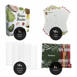 RH MONDO Recipe Binder 3-Ring 11.5x11.5, Recipe Book with 40 Recipe Pages, 40 Sheet Protectors, and 6 Category Divider Tabs
