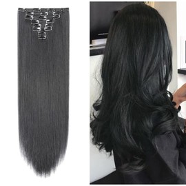 S-noilite Ombre Dip-dye Color 8 Piece Full Head Clip in Hair Extension 26 Inches 66cm Length Dark Brown Curly New Synthetic Anti-tangle for Dreamlike Girls 26in Straight-Black