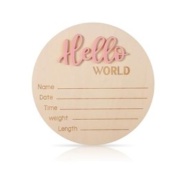 Newborn Announcement Sign, 5.9in Wooden Hello World Sign Baby Welcome Sign Birth Baby Name Plaques for Newborn Boys and Girls Photo Props Baby Shower Hospital Nursery (Light Pink)