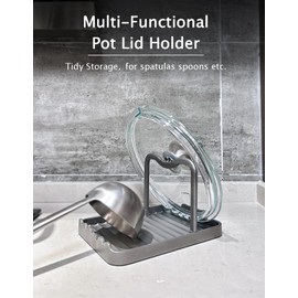 CHANNICORNER Anti-Rust Metal Spoon Rest with Lid Holder, Heat-Resistant Pot Lid Rest, Multifunctional Spatula Holder While Cooking for Stovetop and Kitchen Counter – Grey