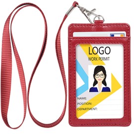 Teskyer Badge Holder with Lanyard, Leather ID Name Badge Card Holder with Lanyard for ID Badges, Vertical Wine Red