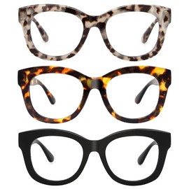 JiSoo 3 Pack Oversized Reading Glasses for Women Men 3.5, Stylish Designer Readers Women 3.5, Demi Gray+ Tortoise+Black