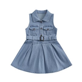 Aiwpstoin Toddler Girls Denim Dress Sleeveless Collared Neck Jean Shirt Dress Little Girl Dresses with Belt (Blue, 3-4 Years)