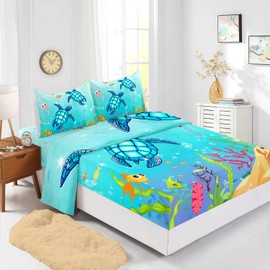 XYNHML Sea Turtle Fitted Sheet Cartoon Turtle Bed Sheets Reptile Sea Animals Wildlife Bed Cover for Teens Adult Includes 1 Fitted Sheet,1 Flat Sheet,2 Pillowcases