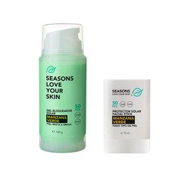 Seasons love your skin kit protector solar manzana verde FPS 50 bloqueador facial 100 g + stick en barra retoque 15 ml
