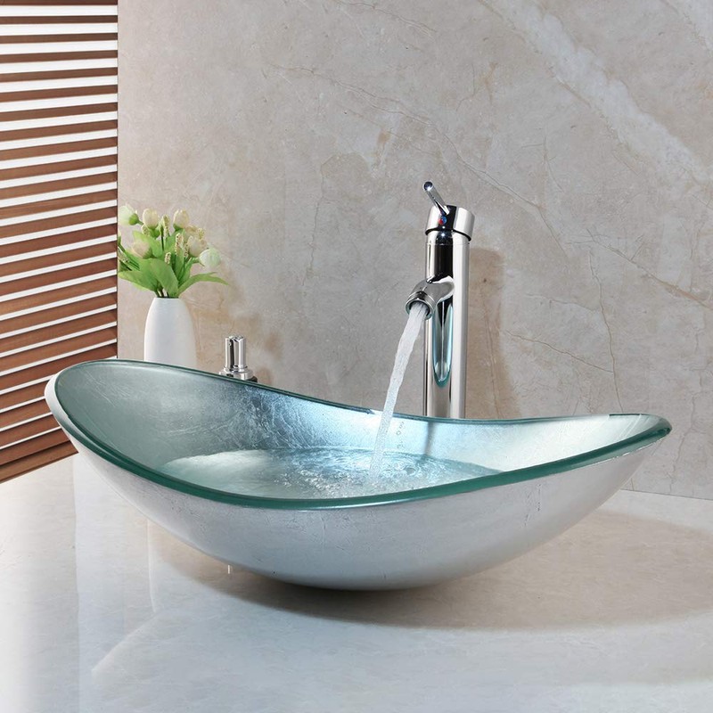 Washly Bathroom vessel sink, Artistic Tempered Glass Oval Vessel Sink