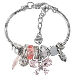 DS Charm Bracelets for girls,exquisite cute cartoon friendship Silver bracelets Stainless Steel Bangle with birthday Gift box, Adjustable girls jewelry Suitable for holiday gifts (Silver-butterfly 2)