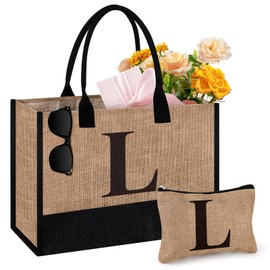 Initial Jute Tote Bag & Makeup Bag, Birthday Gifts for Women Her Mom Teachers Friends (L)
