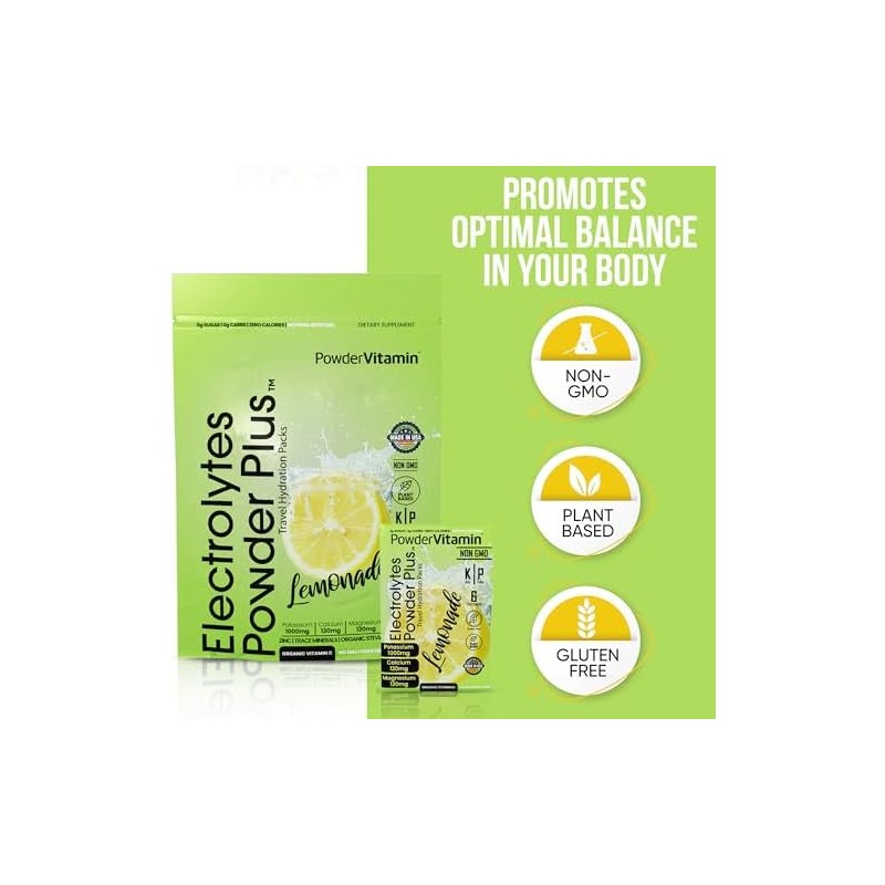PowderVitamin Electrolytes Powder Plus, cetogénico, limonada, cero azúcar, 1000 mg
