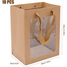 JLNGTHONG 10 Pieces Brown Paper Bags with Clear Window, Gift Bags Bulk with Handle Kraft Shopping Bags for Mother's Day Graduation Birthday Bridal Shower Flower Bouquet Presents Wrapping