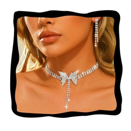 Aukmla Silver Rhinetsone Wedding Jewelry Sets Butterfly Choker Necklace Set Prom Jewelry for Brides and Women (Silver)
