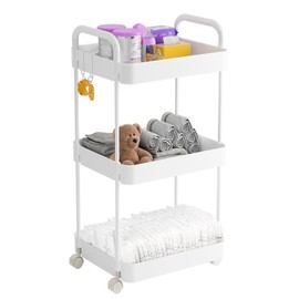 Volnamal Diaper Caddy Organizer, 3-Tier Movable Diaper Cart with Wheels, Newborn Essentials Must Haves, Diaper Caddy for Wipes & Diapers, Baby Registry Search - Plastic White