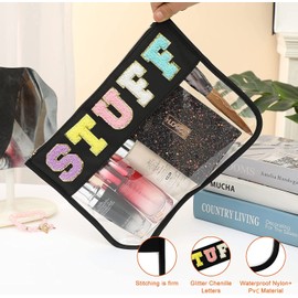 BCRMPT Chenille Letter Bag Clear Flat Pouch,Multi-purpose PVC&Nylon Clear Cosmetic Bags,Travel Makeup Bag With Zipper For Women,Clear Pouches for Travel,Gym,Beach (Black-Stuff)