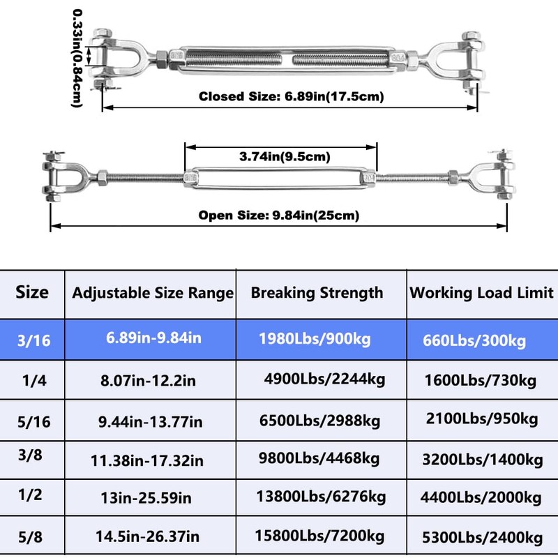 3 Pack Turnbuckle 3/16(M5) 304 Stainless Steel Turnbuckles, 660 lbs
