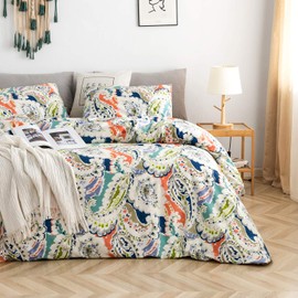 YuHeGuoJi 3 Piece Duvet Cover Set 100% Cotton Queen Size Boho Multicolor Paisley Bedding Set 1 Blue Orange Floral Print Duvet Cover with Zipper 2 Pillowcase Hotel Quality Soft Breathable Lightweight