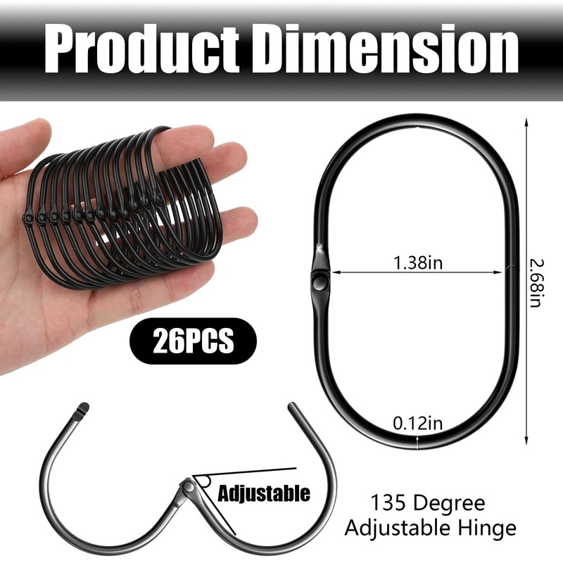 Shower Curtain Rings, 26 Pcs Black Metal Curtain Rings, Rustproof