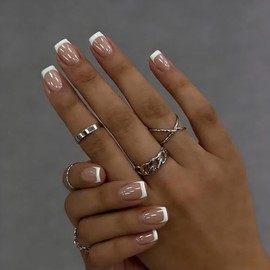 SXVME Uñas postizas cortas cuadradas con punta francesa blanca cromada, uñas postizas lindas y brillantes con diseño de espejo, uñas postizas brillant