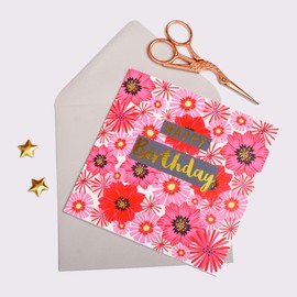 Happy Birthday Greeting Card, Flowers, Text Foiled in Shiny Gold, Open, for Him, for Her, Friend, Mum, Dad, Son, Friend, Sister, Brother